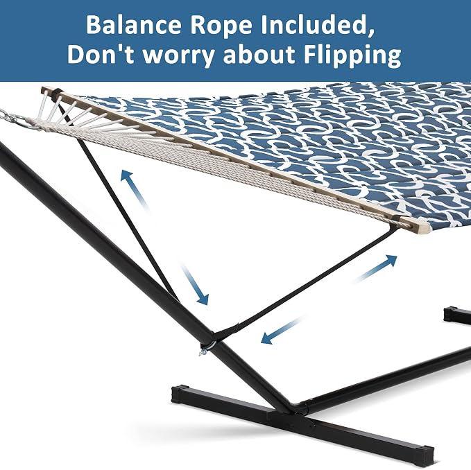 SUNCREAT Two Person Hammock with Stand, 475 lbs Capacity, Portable Patio Hammock with Hardwood Spreader Bar, Large Soft Pillow, Blue Pattern - Image 3