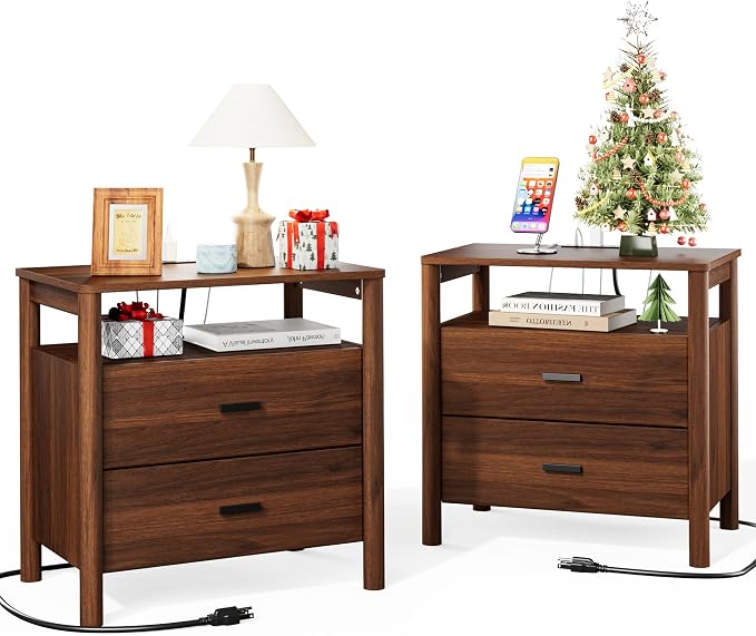 Night Stand Set 2, 23" Wide Nightstands Set of 2, Walnut Nightstand with Charging Station, 2 Drawer Wooden End Table with Solid Round Post Legs & Open Shelf,Modern Bedside Table for Bedroom by FavourLife