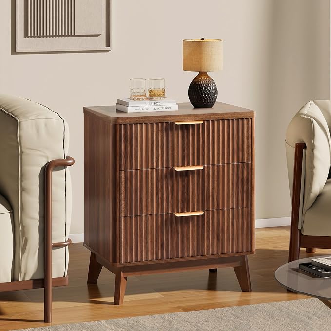 LYNCOHOME Fluted Nightstand with 3 Drawers, Modern Wood Chest of Bedside Table with Curved Profile, Fluted Dresser Organizer for Bedroom,Walnut - Image 5