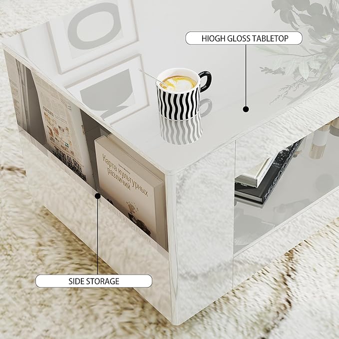 Glossy Coffee Table with Open Shelf Storage - High Gloss Modern Cocktail Table for Living Room, Bedroom, Office