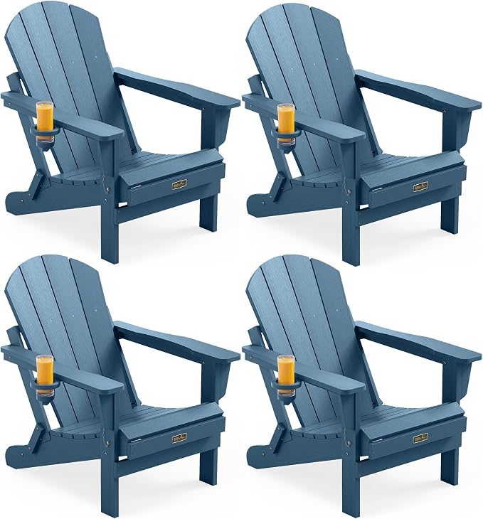SERWALL Folding Adirondack Chair with Cup Holder Set of 4, Weather Resistant HIPS Patio Chairs, Wooden Textured, Fire Pit Chairs for Garden Outdoors Fire Pit - Blue by SERWALL