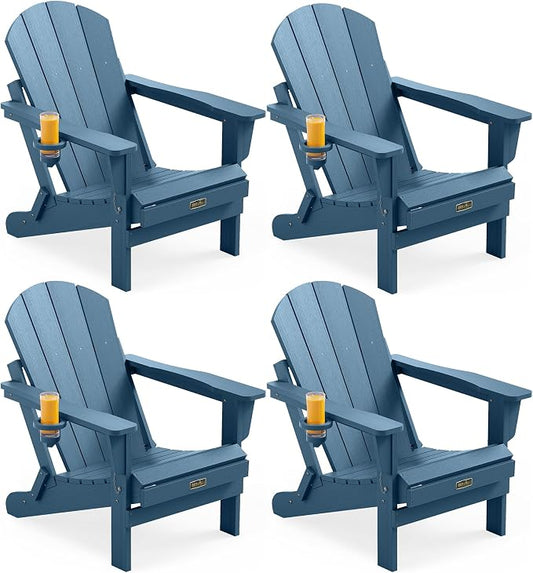 SERWALL Folding Adirondack Chair with Cup Holder Set of 4, Weather Resistant HIPS Patio Chairs, Wooden Textured, Fire Pit Chairs for Garden Outdoors Fire Pit - Blue by SERWALL
