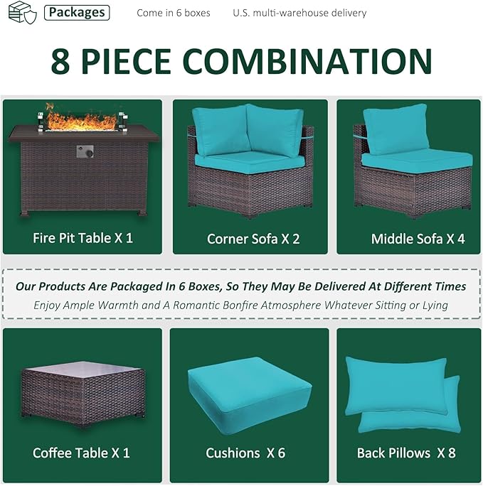 8 Pieces Outdoor Patio Furniture Set,Outdoor Sectional Furniture with 43" 55000 BTU Gas Propane Fire Pit Table,All Weather PE Rattan Wicker Patio Conversation Set,Turquoise Blue