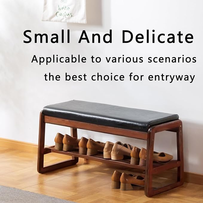 latifolia Solid Wood Bench, Entryway Shoe Bench with Cushion, 2 Tier Shoe Storage Organizer for Hallway, Living Room(Black,31.50''L) - Image 4