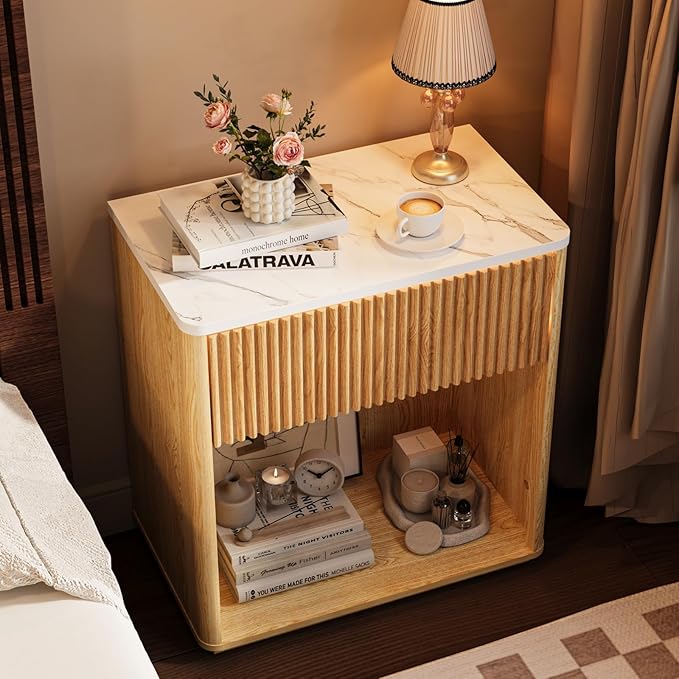 Modern Fluted Nightstand Set of 2 for Bedroom, Mid Century Bedside Table Set with Marble Top & Drawer, Wood End Table, 2 Farmhouse Night Stands for Guest Room, Hallway, Oak - Image 4