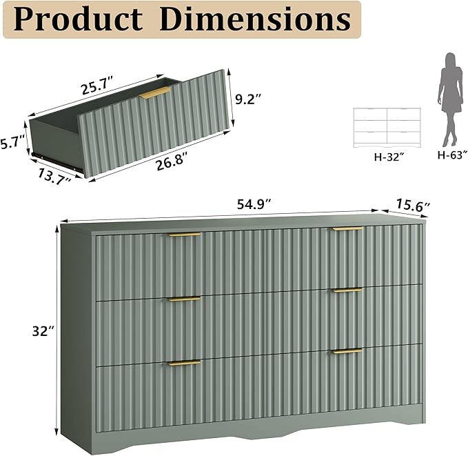 6 Drawer Dresser and Nightstand Sets for Bedroom, Modern Fluted 3 Pcs Bedroom Dresser Furniture Sets, Wood Chest of Drawers and Nightstand Set of 2 with Metal Handles, Green