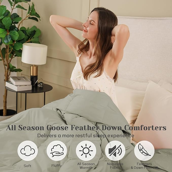 Joysoul King Size Down Comforter - All Season Ultra Soft Goose Down & Feather Fiber Fill, Luxury Hotel Sage Green Duvet Insert with Corner Tabs (104" X 88")