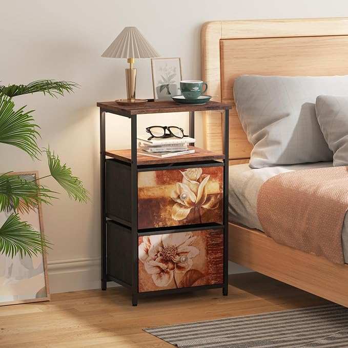 nightstand Set of 2 with Charging Station, LED BedsideTable w/USB Ports & Outlets,End Table w/2 Fabric Drawers and Open Shelf, Black Steel Frame for Living Room, Bedroom, Rustic Style - Image 9