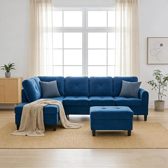 Modern L-Shape Sofa with Storage Ottoman, 3-Piece Flannel Sectional Couch Set for Living Room, Contemporary Upholstered Couch Set with Solid Wood Frame for Apartment, Blue