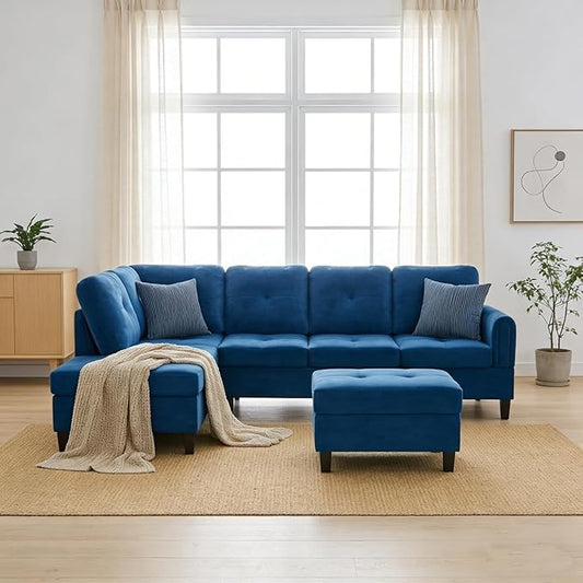 Modern L-Shape Sofa with Storage Ottoman, 3-Piece Flannel Sectional Couch Set for Living Room, Contemporary Upholstered Couch Set with Solid Wood Frame for Apartment, Blue
