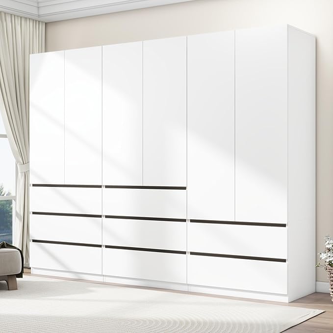 White Armoire Wardrobe Closet with 2 Doors, 75" Bedroom Wardrobe Closet for Hanging Clothes, Modern Wood Storage Closets Cabinet with System (B+A+B, 94.5")