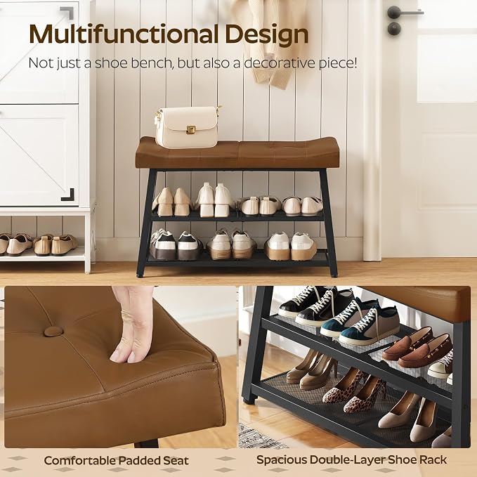 YATINEY Shoe Bench, 3-Tier Shoe Rack, Entryway Bench with Storage and Cushion, for Hallway, Foyer, Bedroom, Brown and Black HX02BV - Image 6