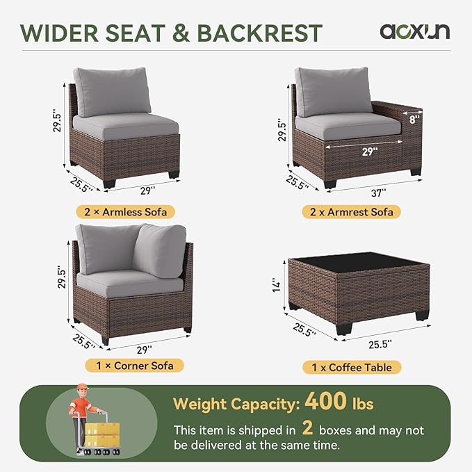 Aoxun Patio Fruniture Sets, Wicker Outdoor Patio Furniture Set with 4 in Thick Cushions and Widen Armrests, All-Weather Outdoor Sectional for Backyard, Garden and Poolside (Waterproof Cover Included)