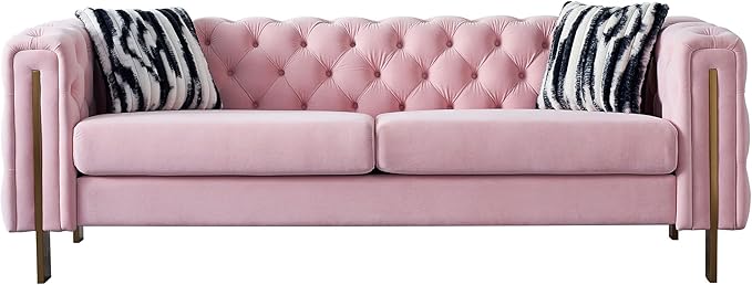 KEIKI 84" Chesterfield Velvet Tufted Button Sofa with Removable Cushions and 2 Toss Pillows, Modern 3-Seater Couch with 4 Gold Metal Legs, Easy Assembly, for Living Room, Bedroom, Apartment, Pink