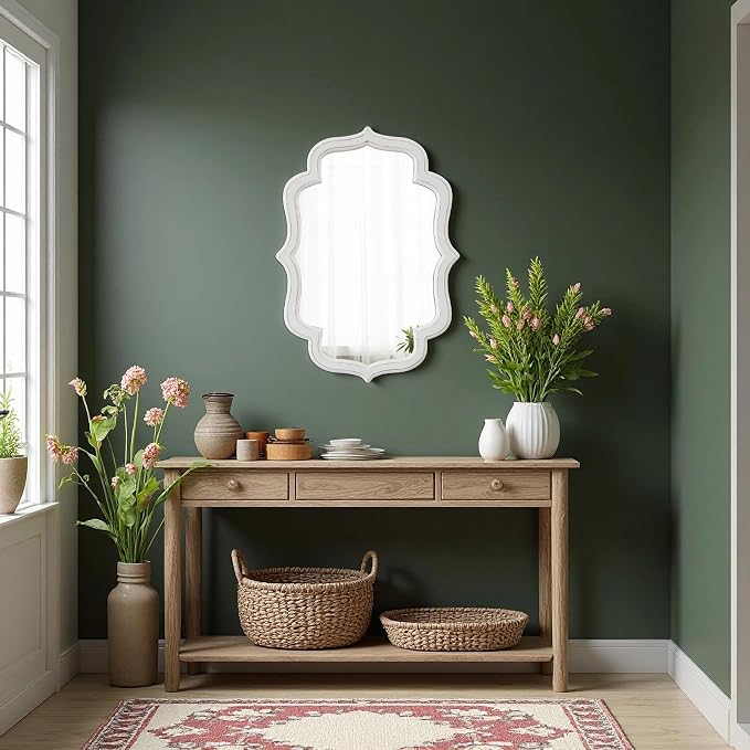Vintage Oval Wall Mirror 22 X 30 Inch, Hanging Distressed White Scalloped Rustic Wood Wall Mirrors for Bathroom Bedroom Living Room, Farmhouse Entryway Mirror, Horizontal or Vertical - Image 3
