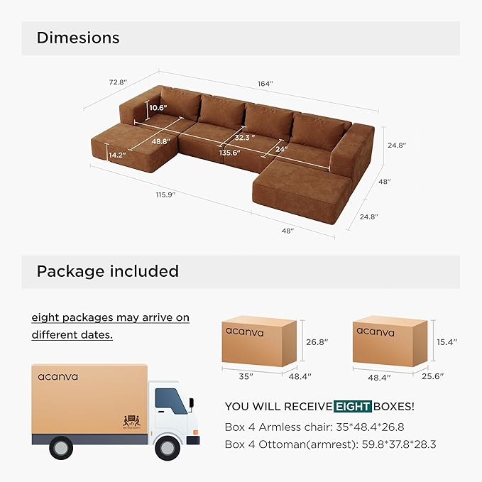 Acanva Oversized Modular Sectional Sofa with Removable Washable Slipcovers, Modern Low Profile Deep Seat Couch for Living Room, Chenille-Tangerine, 4 Armless Chairs & 4 Armrests/Ottomans