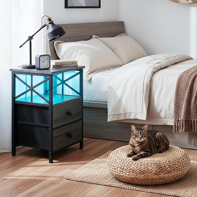 AMHANCIBLE Night Stand Set of 2 with Charging Station and LED Lights, Large 2-Drawer Bedside Tables with USB Ports and AC Outlets, Modern Nightstand for Bedroom, Dark Grey HET052LDG - Image 8