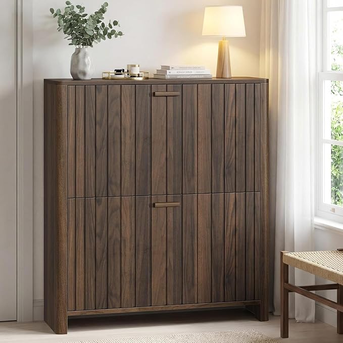 Smart FENDEE Shoe Cabinet with 2 Flip Drawers, 31.5 Inch Narrow Fluted Shoe Organizer with Gradient Wood Strips Door for Entryway Hallway, Living Room Storage Furniture, Walnut by SmartFENDEE