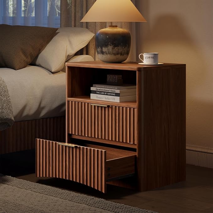 Evermagin Fluted Nightstand Set of 2 with Charging Station, Walnut Bedside Table with 2 Drawers, Wood End Table with Storage Mid Century Modern, Large Night Stand for Bedroom - Image 5
