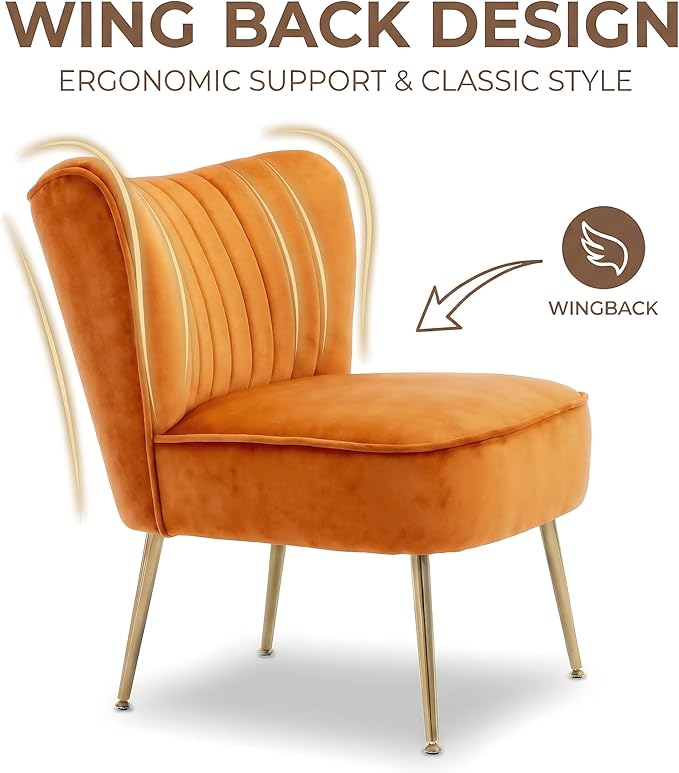 DUOMAY Modern Accent Chair Set of 2 Velvet Slipper Chair with Gold Legs Wingback Side Chair for Living Room Bedroom Entryway Small Corner Chair for Space Saving, Orange
