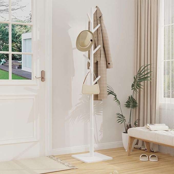 Coat Rack Freestanding with Stable Square Base for Cloathes, Hat, Used in Bedroom, Office and Entryway, Sturdy and Easy Assembly Coat Tree with 3 Adjustable Sizes and 8 Hooks, White - Image 2