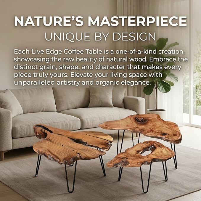 Natural Wood Coffee Table, Live Edge Coffee Table for Living Room, Unique Desktop