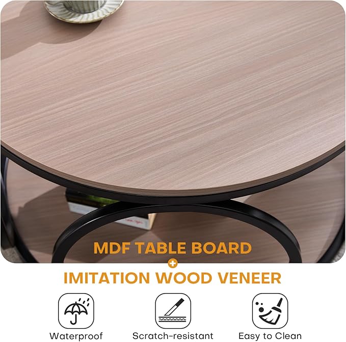 BECHAEO 31.5" Round Coffee Table with Storage - 2 Tier Vintage Coffee Table for Living Room, Industrial Design Wood Top & Metal Legs, Modern Accent Cocktail Tables for Home Office