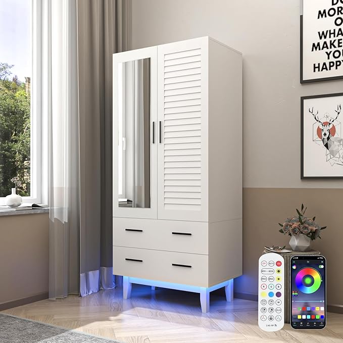 Hlivelood 2 Door Armoire Wardrobe Closet Cabinet with Mirror, Drawers and LED Lights, Multi-Tier Shelves, Hanging Rod & 2 Louver Doors, Large Capacity Storage Wardrobe Armoire for Bedroom, White