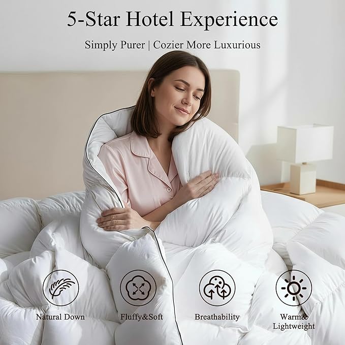 Feather Down Fiber Comforter Queen Size,Premium Ultra-Soft Breathable Comforter High Fill Power White Duvet Insert,All Season Hotel Luxury Bedding Comforters 8 Corner & Center Loops,Baffle Box Design