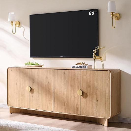 IFGET 70" Modern TV Stand for TVs Up to 80 inches, 30" Tall Entertainment Center with Storage and Adjustable Shelves, TV Console with Curved Profile Design, Media Console for Living Room, Natural Oak by IFGETEnrichYourLivingSpace