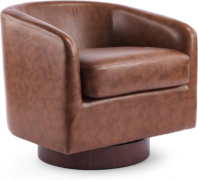 VINGLI 360°Swivel Accent Chair with Engineered Wood Base and Removable Cushion for Living Room, Bedroom, Curved Back Barrel Chair for Small Space, Upholstered Bucket Armchair, Pu-Brown