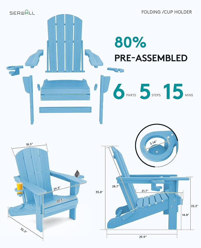 SERWALL Adirondack Chair with Cup Holders - Composite Adirondack Chairs Set of 6 HDPE Outdoor Chairs All Weather Use- Light Blue - Image 3