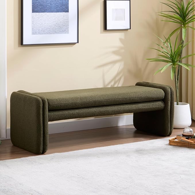 ROCITY Green Boucle Bench 50" Sherpa End of Bed Bench Modern Upholstered Bench for Bedroom Entryway Living Room Vanity Makeup Room, Teddy Fabric Bench with Seating by ROCITY