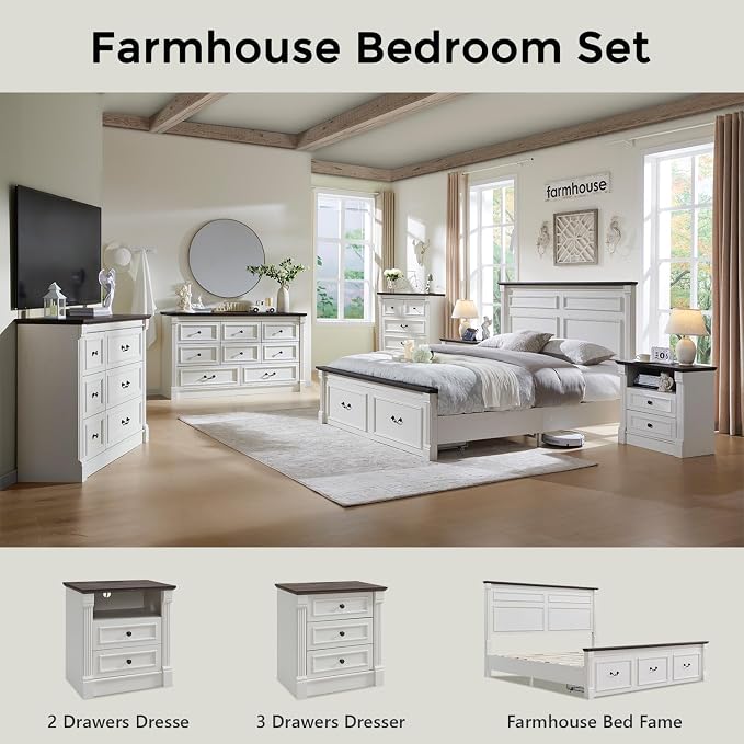 Aitjunz 26" Tall Farmhouse Nightstand, 2 Drawers End Table w/Charging Station, 23.6" Wide Large Side Table w/Roman Column, Wood Rustic Sofa Table w/Open Shelf, Bedside Table for Bedroom, White - Image 7