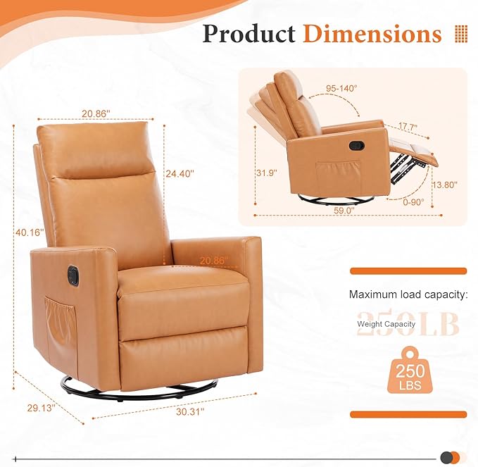 Sweetcrispy Recliner Chair, 360 Swivel Rocker Chair for Adults, Glider Rocker Recliners, Nursery Chairs for Living Room, High Back, Upholstered Deep Seat, Classical Brown