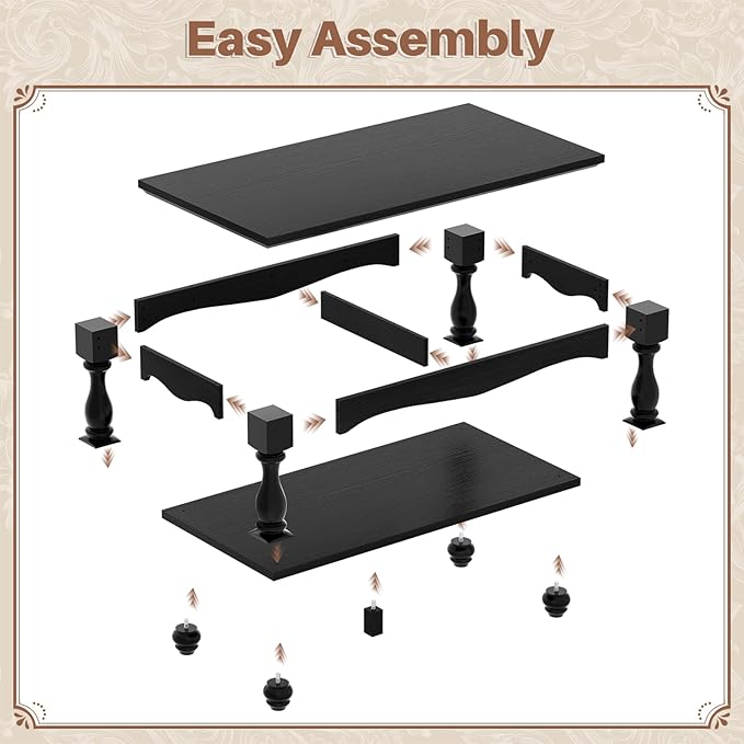 47 inch Black Coffee Table with Storage, 2-Tier Farmhouse Coffee Table with Solid Wood Legs, Mid Century Coffee Tables for Living Room