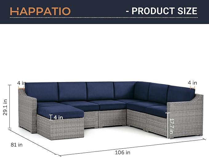HAPPATIO 7 Piece Patio Conversation Set,Rattan Wicker Outdoor Sectional Sofa,All-Weather Patio Furniture Set,Multiple Combination Sofa. Patio sectional Set for Patio and Balcony.(Gray/Blue)