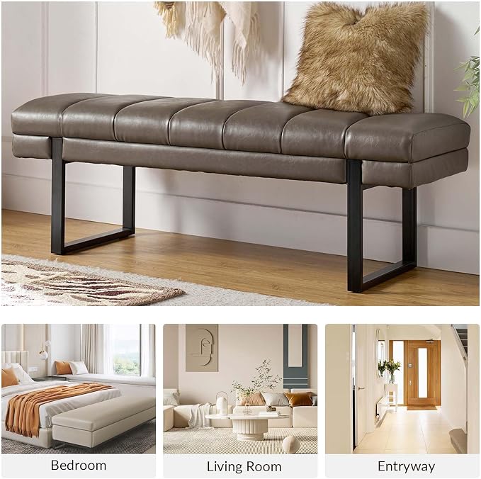 HULALA HOME 53" Faux Leather Entryway Bench, Button Tufted End of Bed Bench Ottoman for Bedroom, Living Room with Metal Base, Grey - Image 6