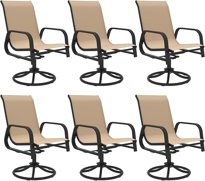 MELLCOM Patio Swivel Chair Set of 6, High Back Textilene Outdoor Dining Chairs with E-Coating Metal Frame, All-Weather Outdoor Furniture Rocker for Backyard, Porch, Garden, Lawn, Beige by MELLCOM