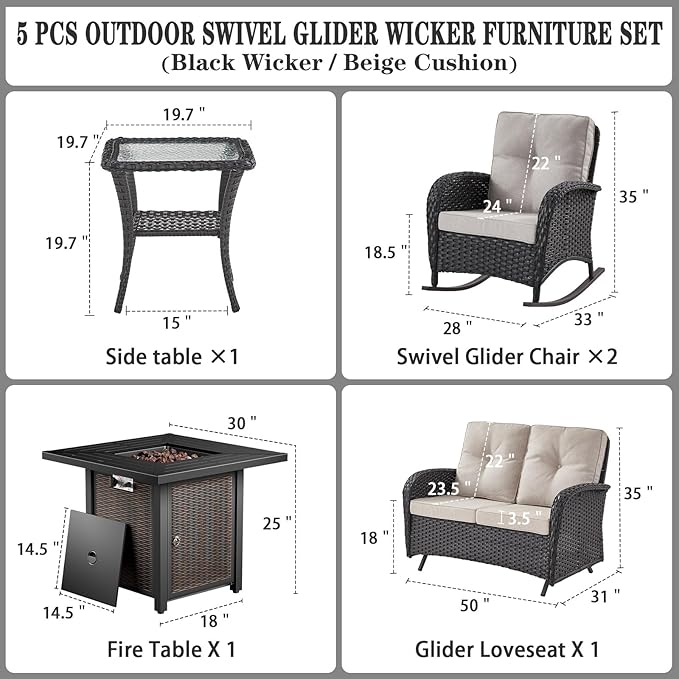 Belord 5 Pieces Patio Furniture Set with 50000 BTU Propane Fire Pit Table, All-Weather Patio Rocking Chairs, Loveseat Glider and Side Table for Outdoor Conversation Deck Backyard Poolside Black