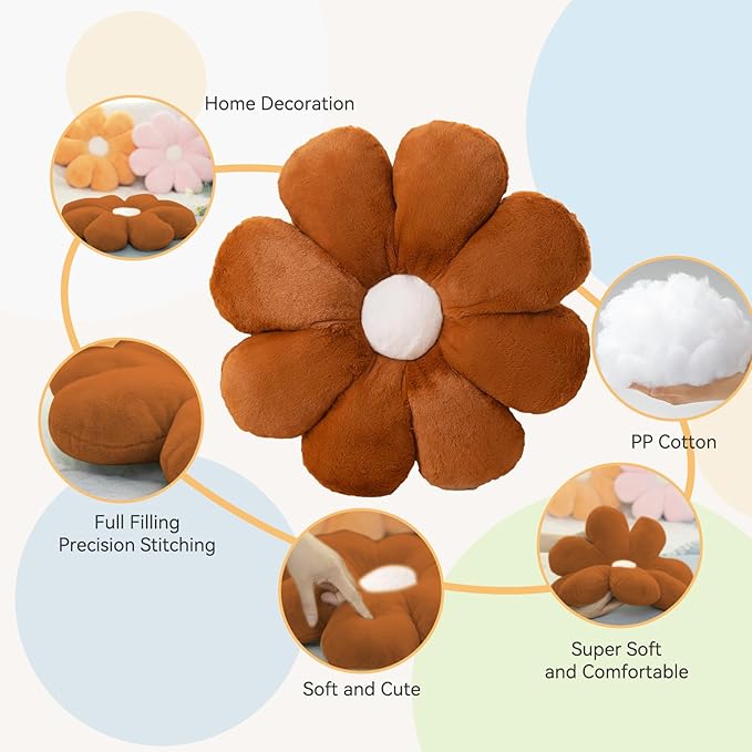 FIONOUT Flower Pillow, 25.5inch Brown Throw Pillows, Brown Decorative Throw Pillows, Flower Throw Pillow, Flower Floor Pillow Fall Throw Pillow Floor Cushions for Reading and Room Dector