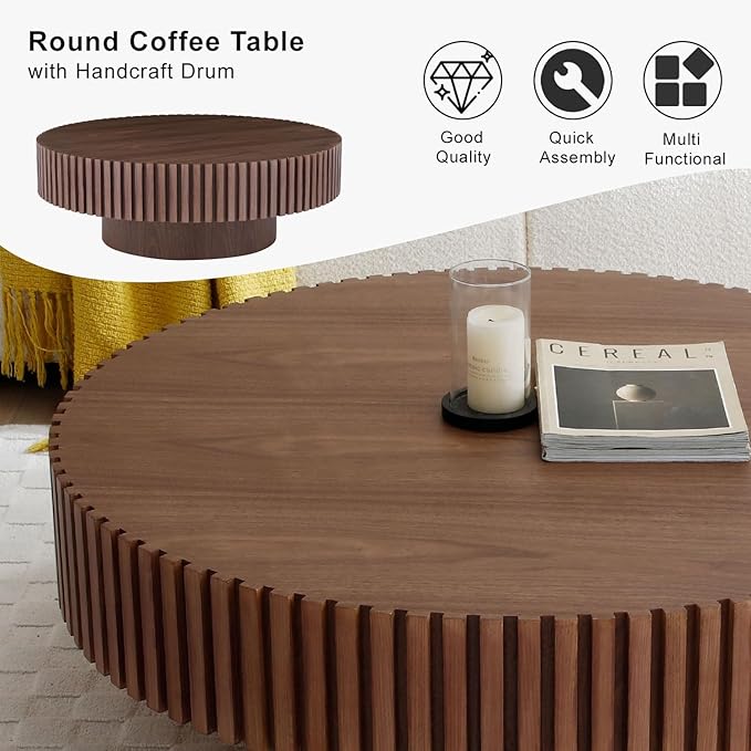 39" Round Drum Coffee Table with Sturdy Pedestal, Mid Century Modern Fluted Coffee Table, Circle Center Table Accent Tea Table for Living Room Apartment Walnut