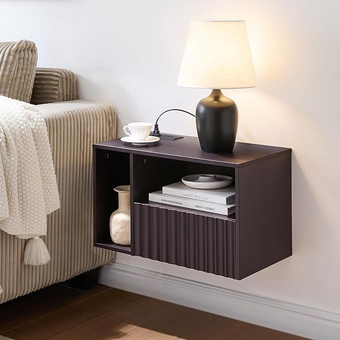 BuildHom Modern Espresso Fluted Floating Nightstand with Charging Station, NightStand with Drawers, Bedside with USB Ports and Outlets, Bedroom Furniture (Left) by BuildHom