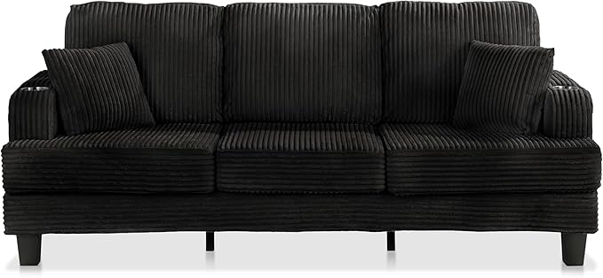 Homes: Inside + Out Reese Modern Plush Chenille Couch with Side Pockets, Cup Holders and USB Ports, Wooden Comfortable Sofa for Living Room, Bedroom and Office, Black