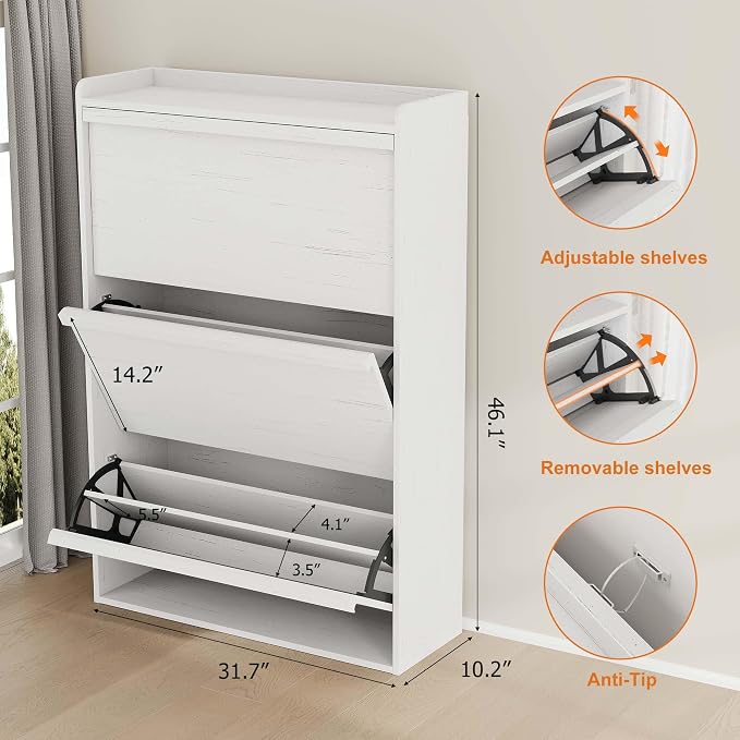 GarveeHome Shoe Cabinet with 3 Flip Drawers, Wooden Shoe Organizer with Adjustable Shelf, Shoe Storage for Entryway, Hidden Shoe Cabinet for Hallway, Living Room, White - Image 2