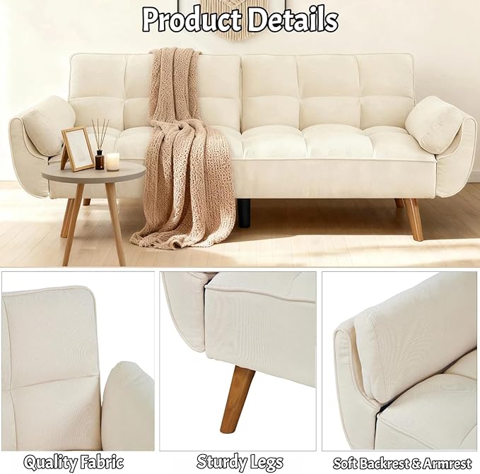 Convertible Futon Sofa Bed, Modern Futon Couch with 2 Pillows, Small Futons Couch with Adjustable Armrest & Backrest, Loveseat Sofa Bed for Living Room, Bedroom, Beige