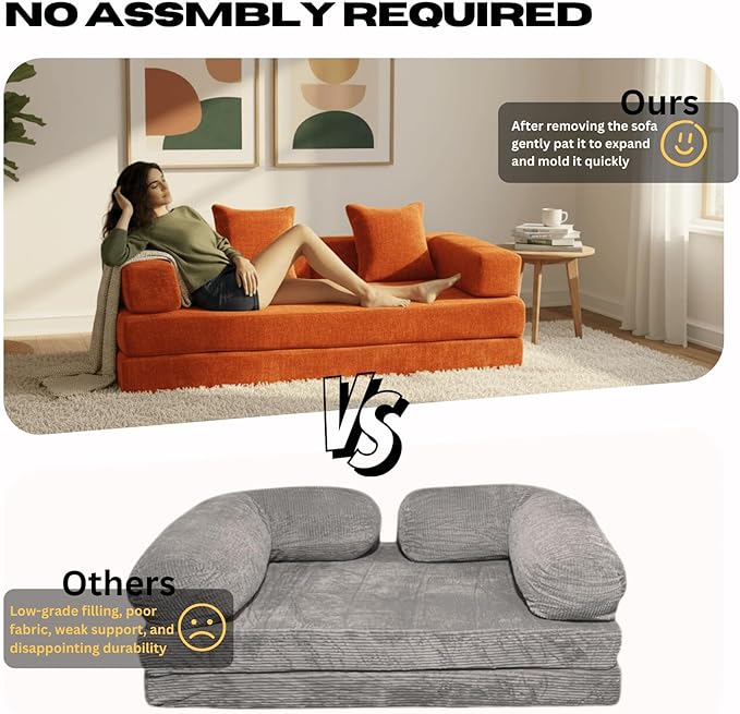 4-in-1 Folding Convertible Sofa Bed, 77" Floor Couch with Pillow - Chenille Fabric & High-Density Sponge & Fixed-Shape Frame, Modular Sofa for Living Room/Lounge/Studio, Orange