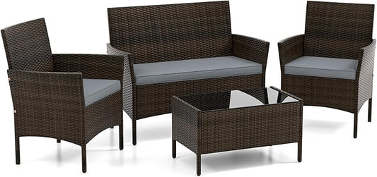 DORTALA Wicker Patio Furniture Set 4 Piece, Outdoor PE Rattan Table & Chairs Set with Tempered Glass Coffee Table, Loveseat, Cushions, Conversation Set for Balcony, Porch, Backyard, Deck, Gray