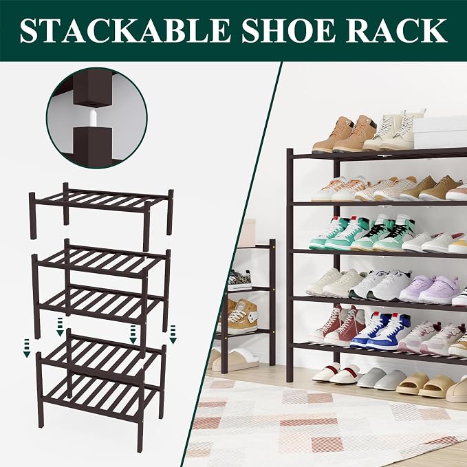 Smiry Shoe Rack, 4 Tier Long Bamboo Shoe Organizer, Stackable Free Standing Wooden Shoe Storage Shelf for Closet, Entryway, Front Door Entrance, Brown - Image 5