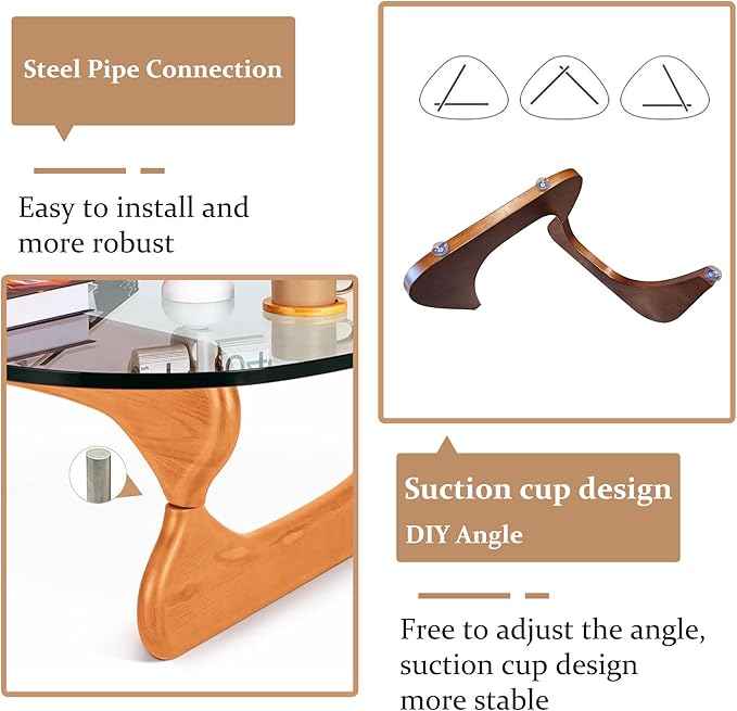 Glass Coffee Table for Living Room, Triangle Coffee Table with Tempered Glass Top & Wood Legs, Mid Century Coffee Tables, Brown Walnut Center Tables for Bedroom Reception Office